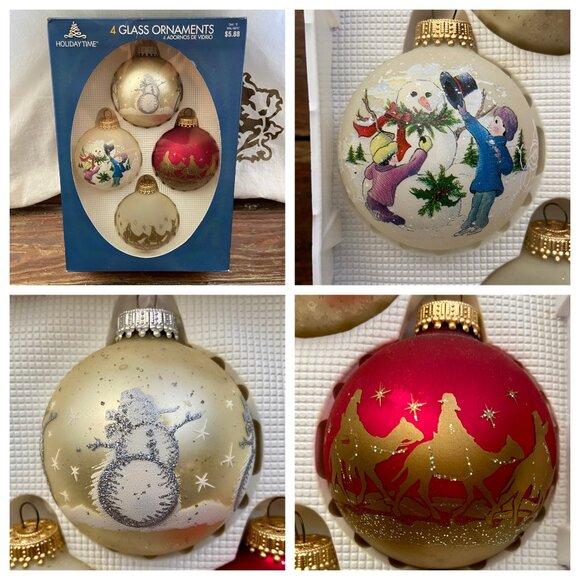 4 Vintage HOLIDAY TIME Christmas Glass Ball Ornaments Boxed Snowman Glitter USA - Picture 1 of 7